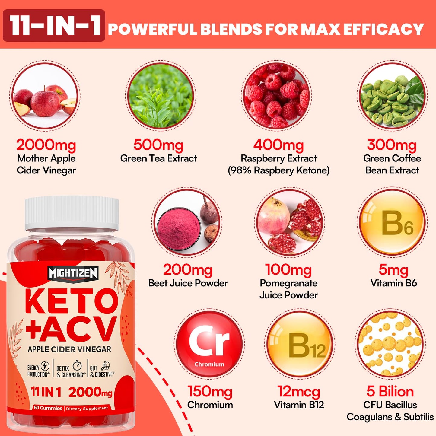 Apple Cider Vinegar Gummies, Max Strength Keto Acv Gummies with Green Tea, Probiotics, B12, B6, Keto Support, Apple Cider Vinegar with Mother for Detox & Cleanse, Digestion & Gut, Vegan, 120 Counts