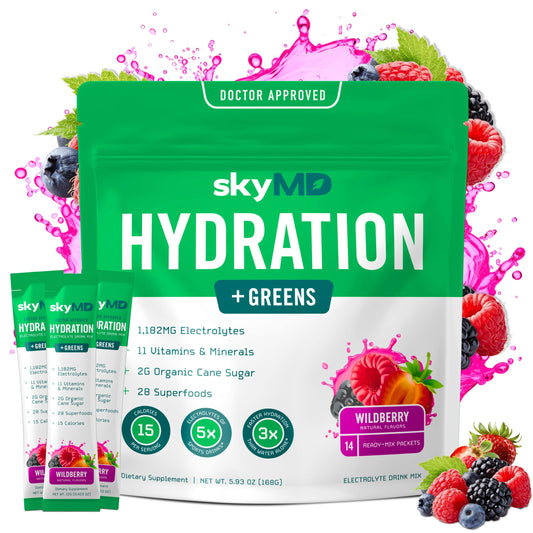 SkyMD Hydration + Greens Powder Packets with Electrolytes | Hydration Multiplier, 28 Superfoods, Supports Gut Health & Energy, Low Sugar & Calories | Mix in Water | 14 Single-Serving Sticks, Wildberry