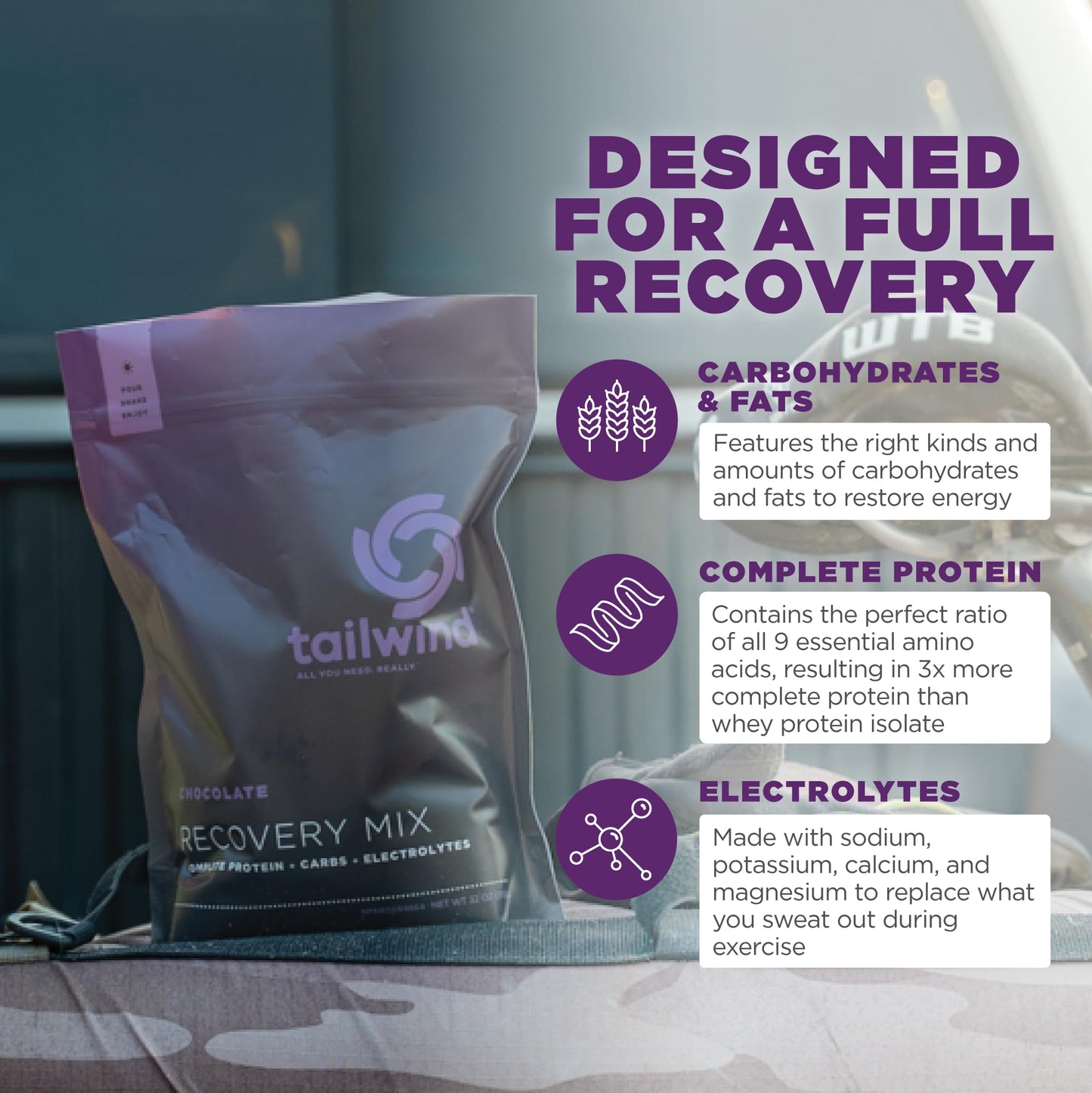 Tailwind Nutrition Recovery Mix, Complete Protein, Carbohydrates, and Electrolytes Powder Drink Mix for Post-Workout, Free of Gluten, Soy, and Dairy, Vegan, 15 Servings, Chocolate