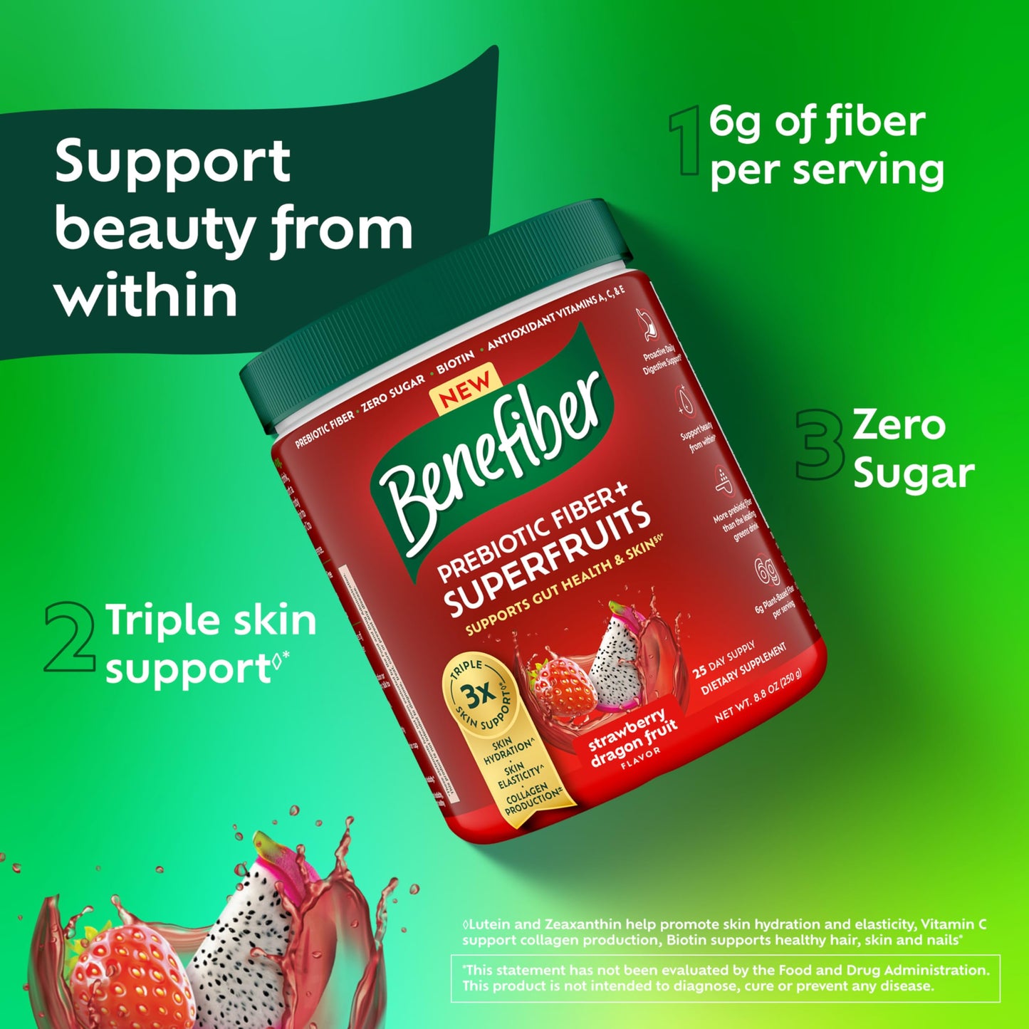 Benefiber Prebiotic Fiber + Superfruits Dietary Supplement, Strawberry Dragon Fruit Flavor, 8.8 oz (250g), 25 Day Supply