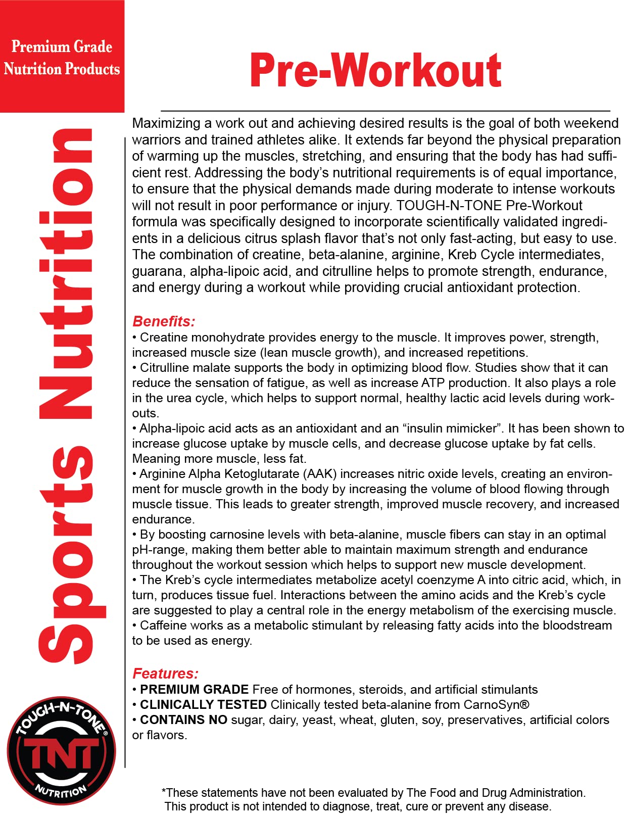 TOUGH-N-TONE Pre-Workout Formula Fast-Acting Powder Formula with beta-Alanine, creatine, arginine, Kreb Cycle intermediates, Guarana, Alpha-lipoic Acid, and citrulline