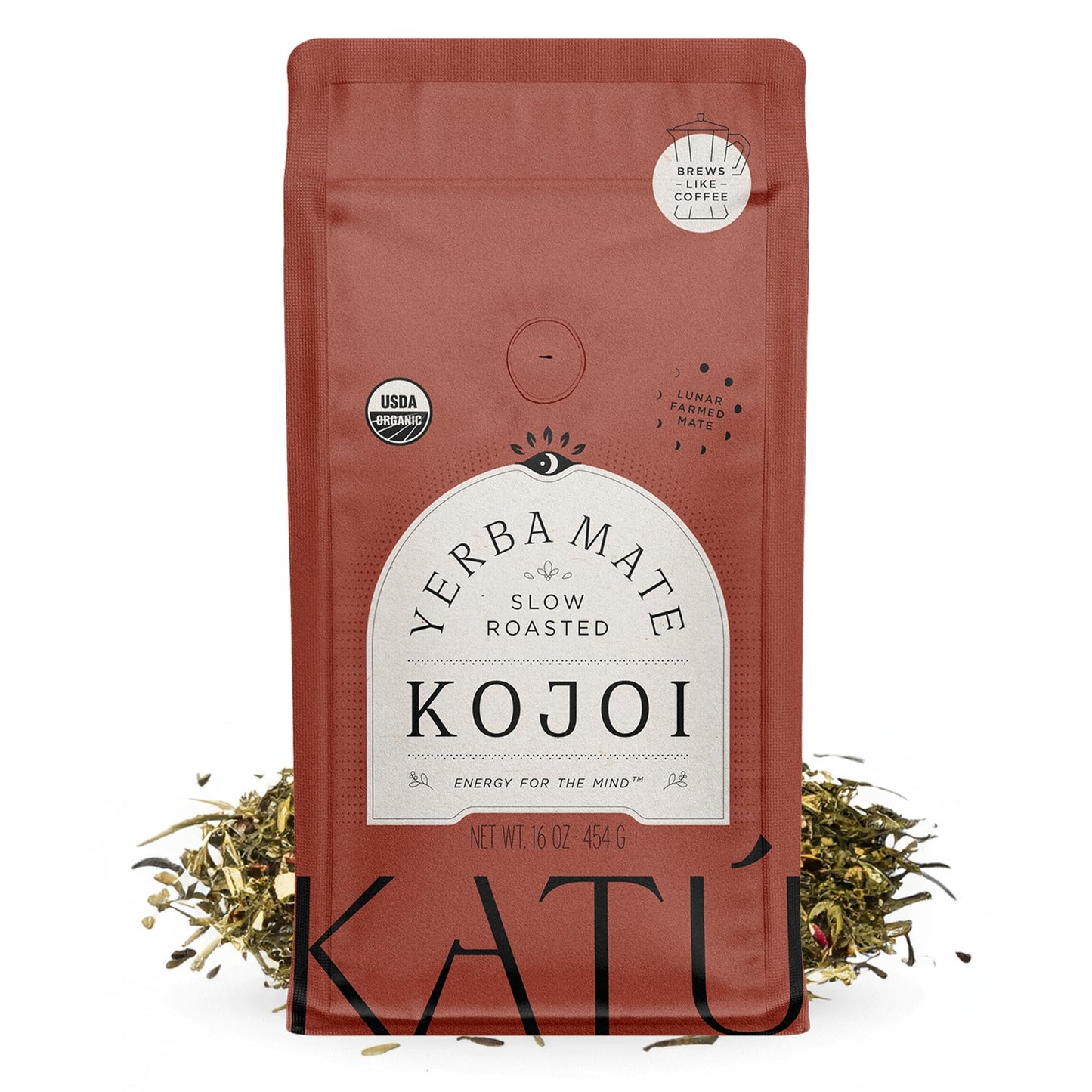 Katú Kojoi Yerba Mate Tea 16oz Loose Leaf Slow Roasted Unsmoked Air Dried Organic Premium Aged Sweet Rich Tea Leaves Brews Like Coffee for Energy Boost