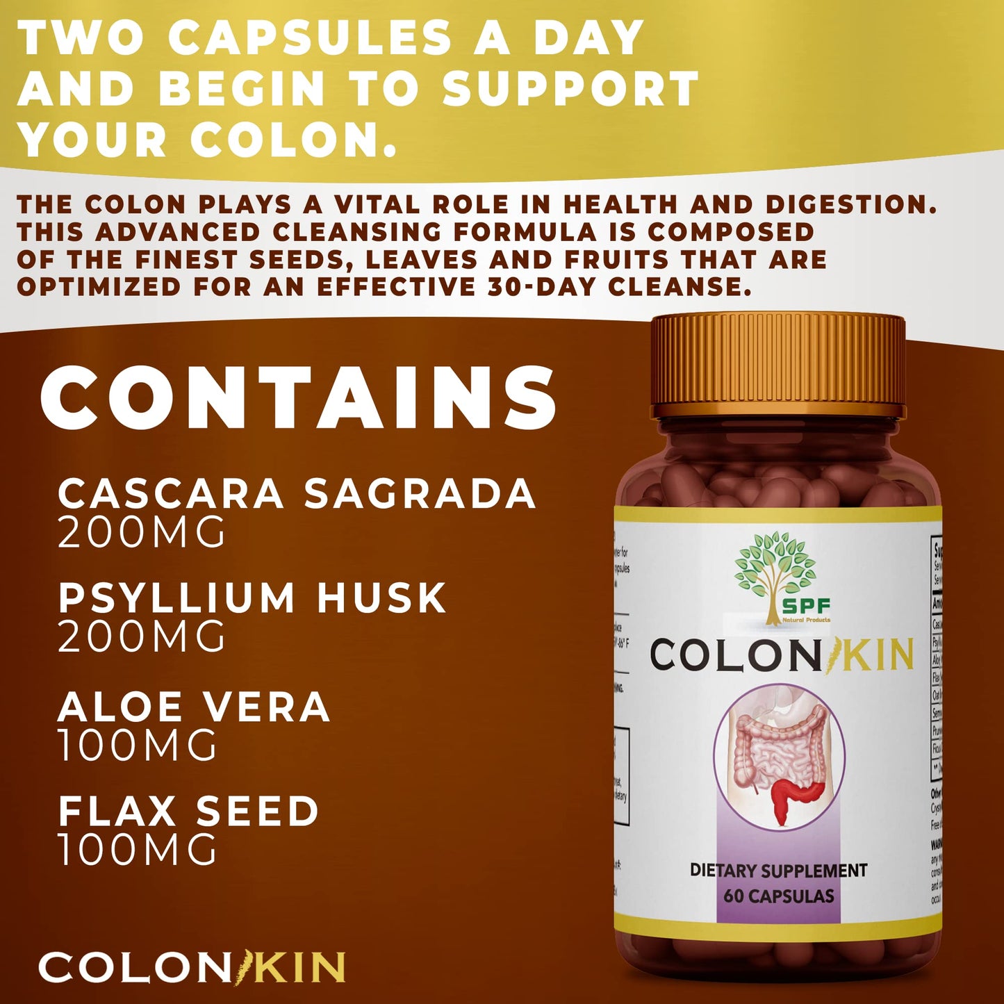 SPF COLONKIN - 30 Day Colon Cleanse, Supports Healthy Bowel Movements, Natural Colon Cleanser and Relief, Ultimate Body Detox (60 Capsules) Natural Products (1)