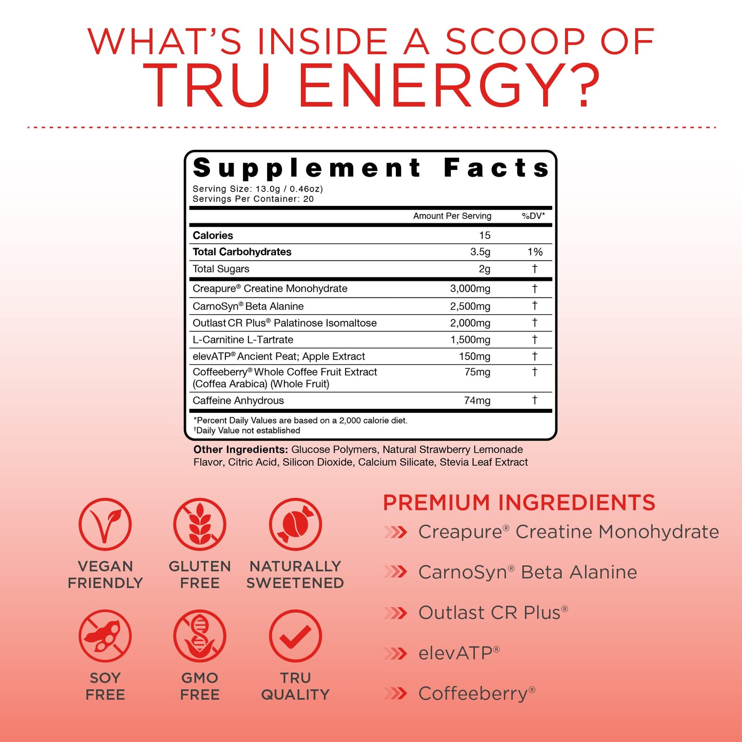 TRU Supplements Energy, Pre Workout Training Formula, Vegan Friendly, No Jitters, Improve Workout Performance, Naturally Extracted Flavors, 20 Servings (Strawberry Lemonade)