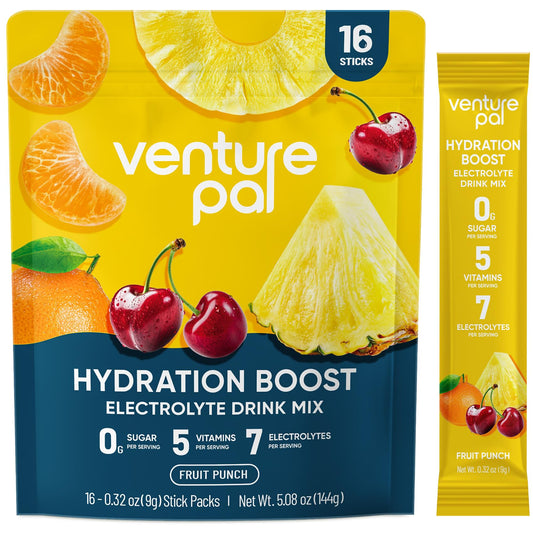 Venture Pal Sugar Free Electrolyte Powder Packets - Liquid Daily IV Hydration Packets for Rehydration | 5 Vitamins & 7 Electrolytes | Keto Friendly | Non-GMO | Vegan | 16 Sticks