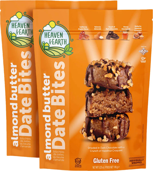 Heaven  Earth Gluten Free Chocolate Covered Almond Butter Date Bite Truffles with Hazelnut Croquet 525oz 2 Pack All Natural Individually Wrapped Date Snack Kosher Including Passover