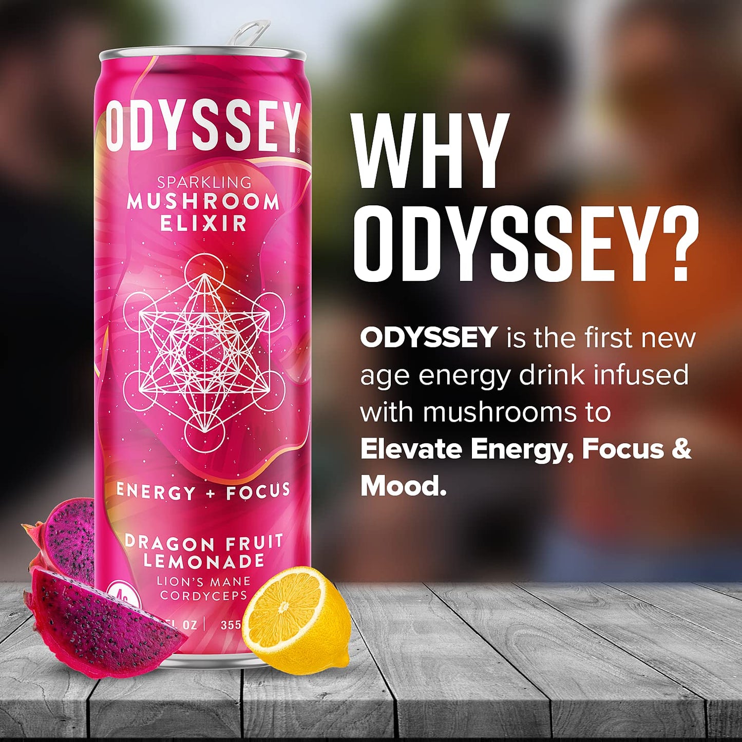 Odyssey Elixir Sparkling Adaptogen Drink Low Calorie Drinks L Theanine Lions Mane Cordyceps  Green Tea Caffeine for Energy  Focus NonGMO Vegan Dragon Fruit Lemonade Flavor 12 Fl oz 12 Pack