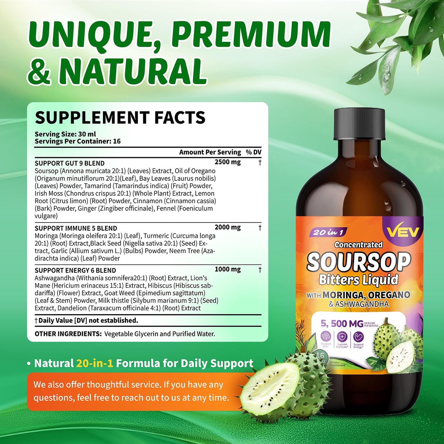 VEV Soursop Graviola Bitters Liquid Extract, 16 Fl Oz, 20 in 1, with Moringa, Oregano, Stress Relief, Sleep Support, Digestive Health, Natural Flavor