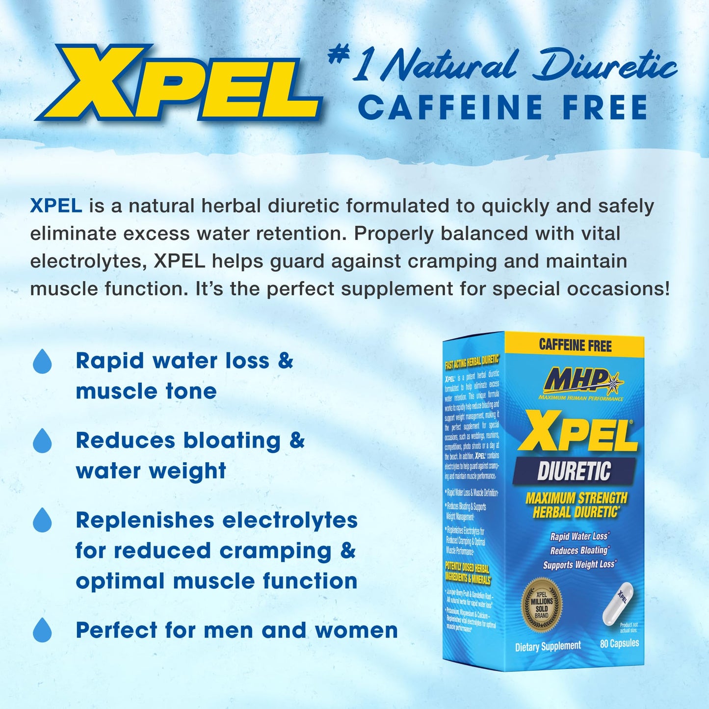 MHP Xpel Maximum Strength Diuretic Water Pills, for Water Retention Relief, Caffeine-Free with Vitamin B-6 Potassium Dandelion Root, 80 Capsules