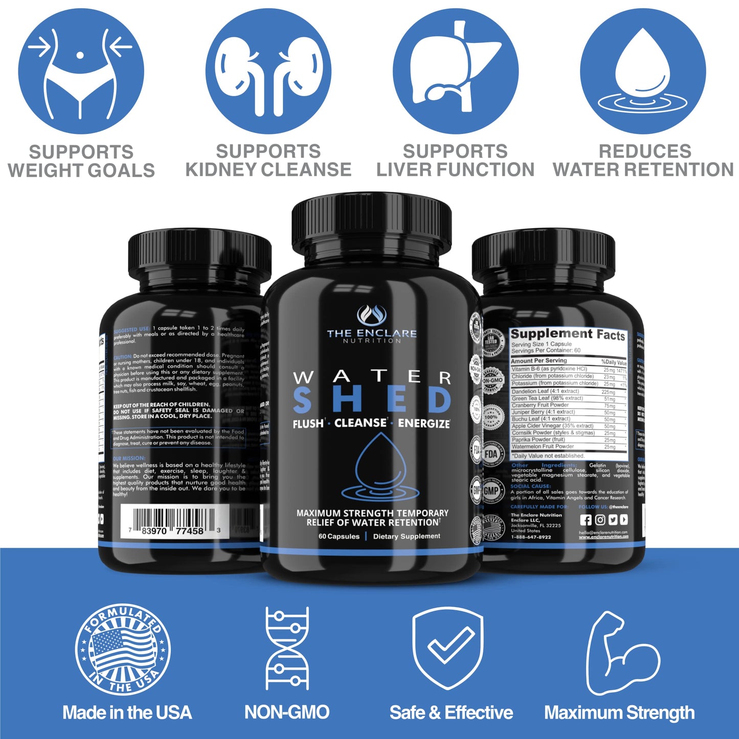 THE ENCLARE NUTRITION Water Pills Diuretic Water Retention, Liver Detox, Kidney Cleanse, Weight, Swelling, Edema, Bloating Relief, Fluid Balance Watershed Max Strength (1)