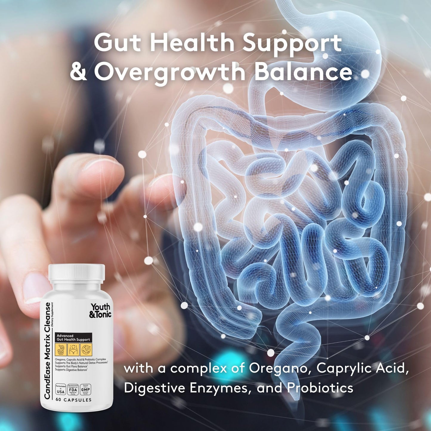 Youth & Tonic CandEase Cleanse Matrix - Overgrowth Support & Gut Health, Intestinal Flora Balance & Body Detox Complex with Oregano, Caprylic Acid, Digestive Enzymes, Probiotics, 60 Pills, Women & Men