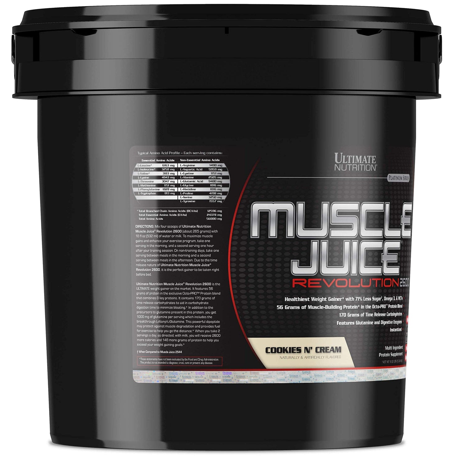 Ultimate Nutrition Muscle Juice Revolution 2600 Weight Gainer, Muscle Recovery with Glutamine, Micellar Casein and Time Release Complex Carbohydrates, Cookies N Cream Powder, 11.1 Pounds