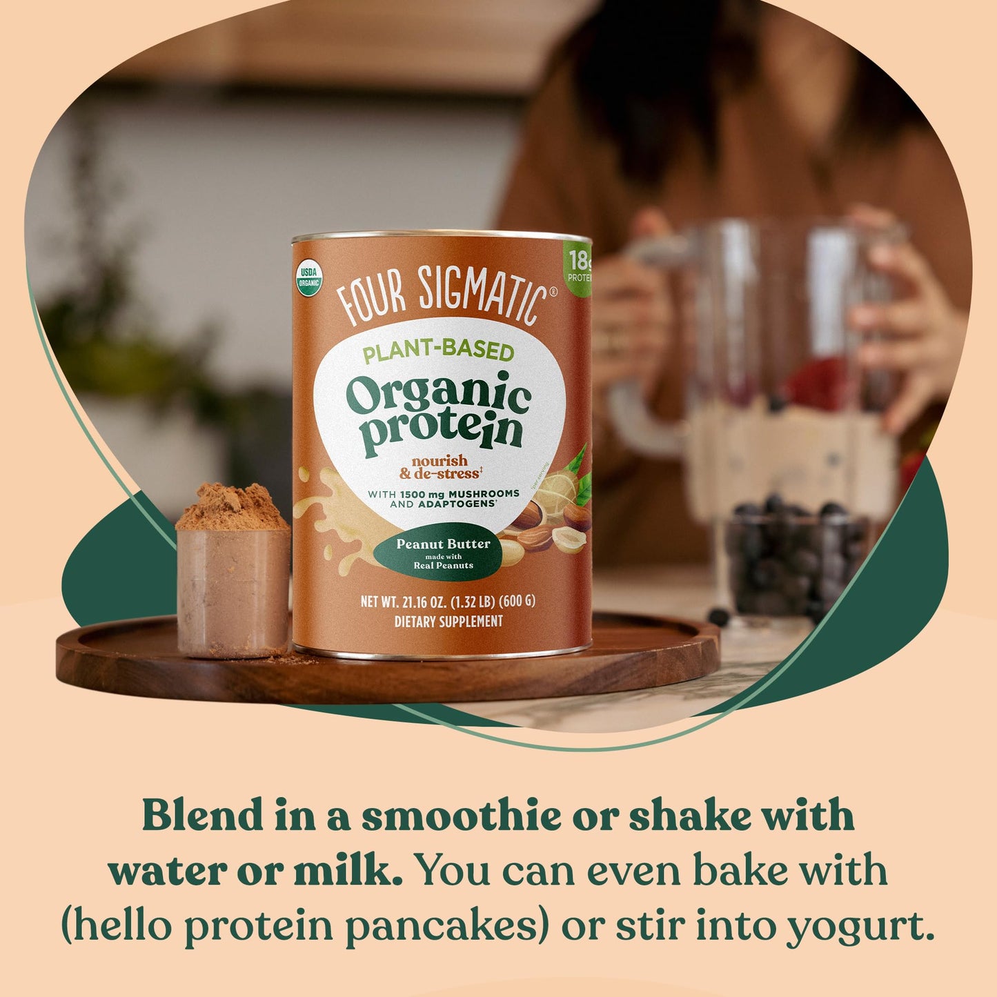 Four Sigmatic Organic Plant-Based Protein Powder Peanut Butter Protein with Lion’s Mane, Chaga, Cordyceps and More | Clean Vegan Protein Elevated for Brain Function and Immune Support | 21.16 oz