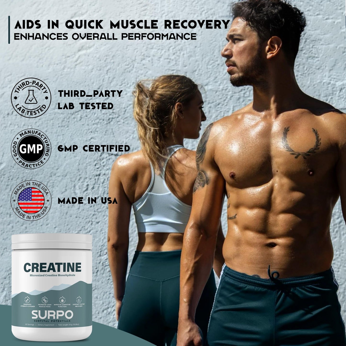 SURPO Micronized Creatine Monohydrate Powder - 300g, 60 Servings | Pure Creatine Powder | Unflavored | Gluten Free & Non GMO Workout Supplements for Men & Women | Ideal for Muscle Recovery & Growth