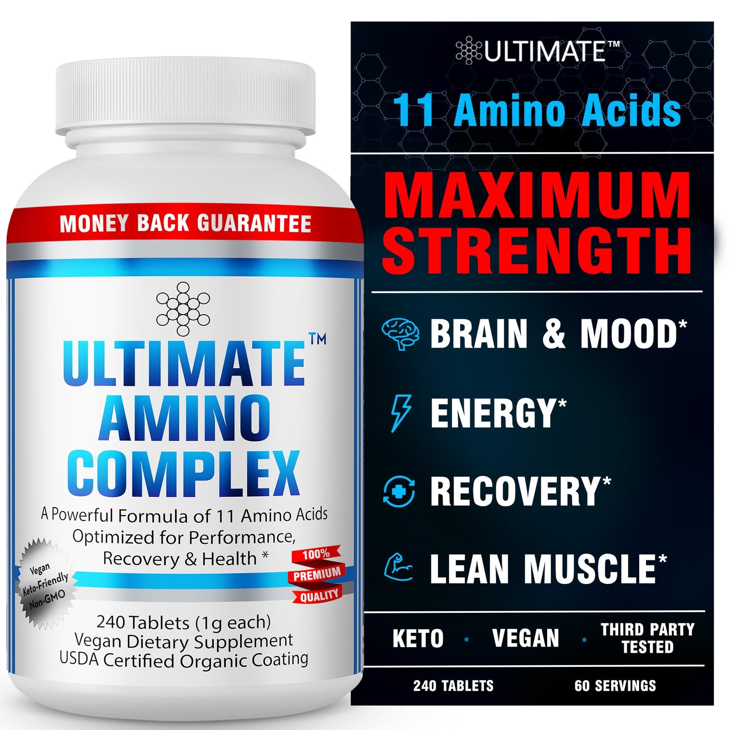 Ultimate Amino Complex Supplement - 240 Easy-to-Swallow, Flavorless 1g Tablets - All 9 Essential Amino Acids Plus Cystine & Tyrosine - 2:1:1 BCAA Ratio - Increase Energy & Muscle - Vegan & Non-GMO