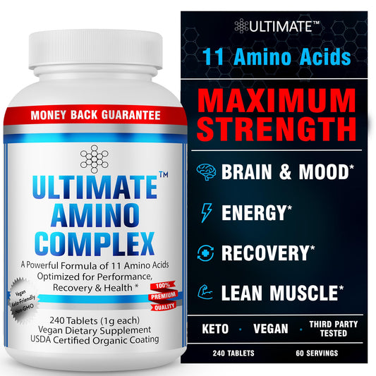 Ultimate Amino Complex Supplement - 240 Easy-to-Swallow, Flavorless 1g Tablets - All 9 Essential Amino Acids Plus Cystine & Tyrosine - 2:1:1 BCAA Ratio - Increase Energy & Muscle - Vegan & Non-GMO