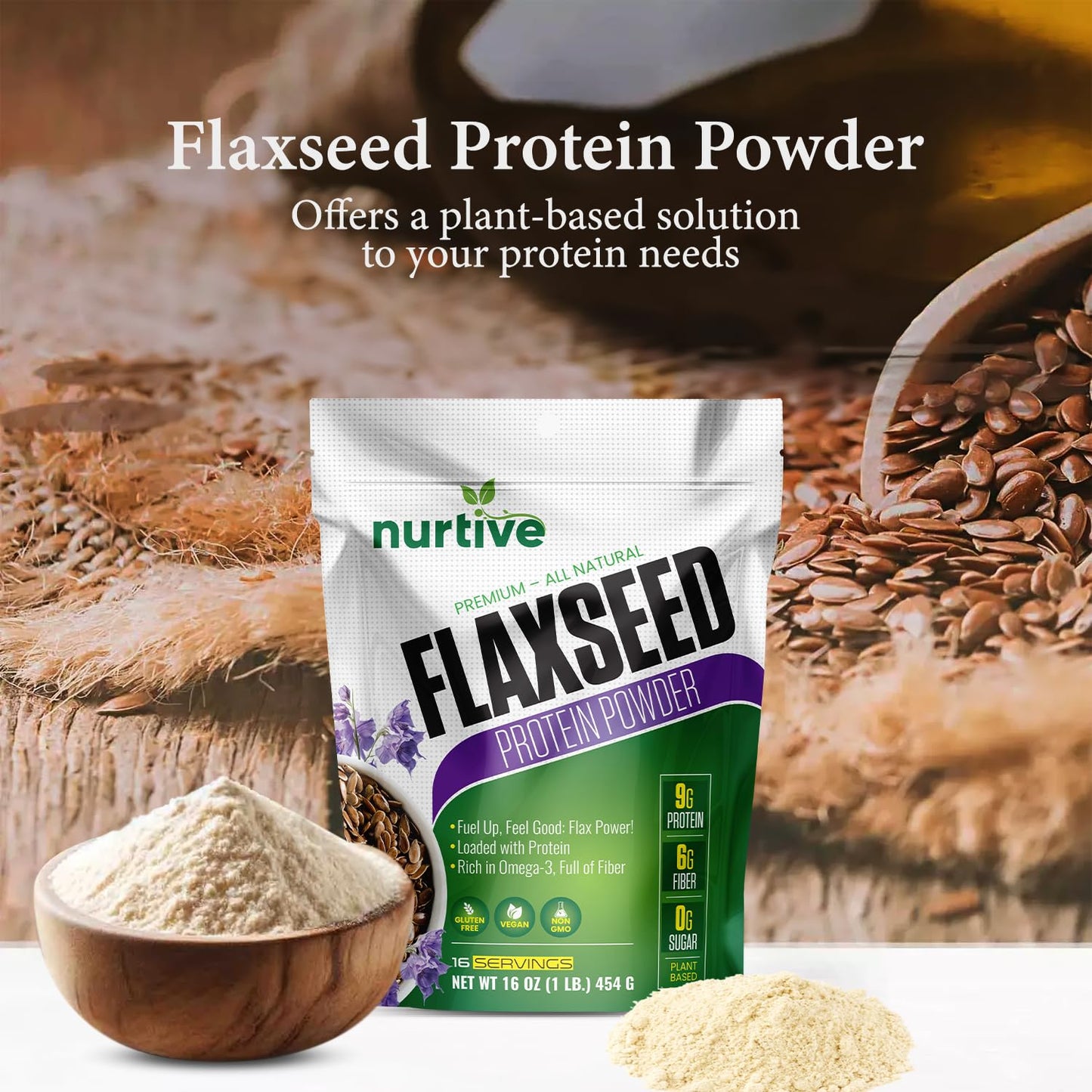NURTIVE Flaxseed Protein Powder - Plant-Based, Rich in Omega-3 and Antioxidants - Ideal for Post-Workout Recovery - Nutritional Boost for Smoothies & Baking - Non-GMO & Gluten-Free (16 oz / 454g)