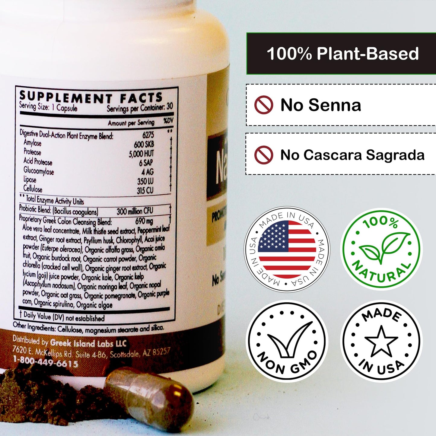 Greek Island Labs Natural Colon Cleanse Supplements (30 Capsules) - at Home Colon Detox - Defend Against Gas, Bloating, Constipation, & Diarrhea - Improve Digestive System