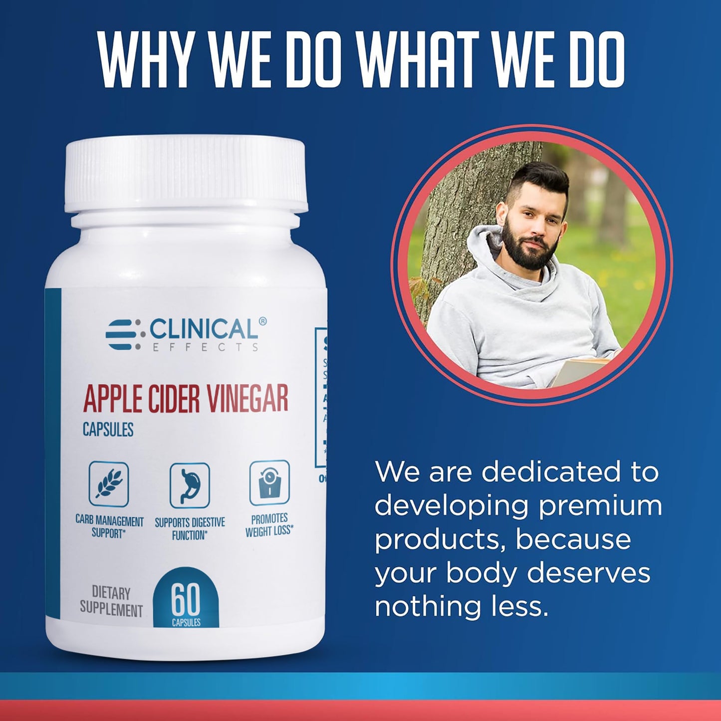 Clinical Effects Apple Cider Vinegar Capsules - 1300mg Pure Apple Cider Vinegar for Weight Management, Heart Health, and Energy Support - 60 Veggie ACV Pills - Made in The USA