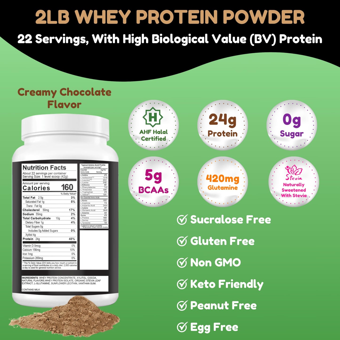 SHIFAA NUTRITION 2 Lbs Halal Whey Protein Powder Creamy Chocolate. 24g Protein, 5g BCAAs & 420mg Glutamine. for Building Lean Muscles & Recovery. Sugar-Free, Keto-Friendly, Gluten-Free, Non-GMO