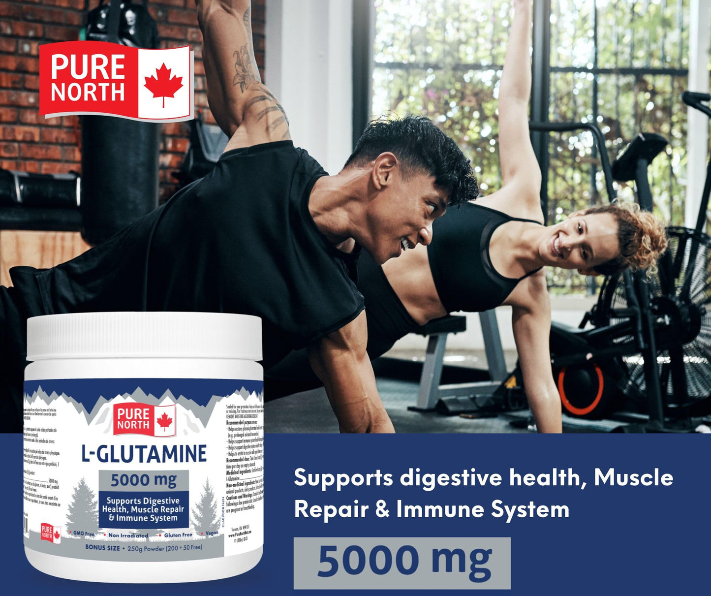 PURE NORTH NATURALS - L-Glutamine 5000mg, 250g - Gut L-Glutamine Powder Gut Health - Digestive Health - Support Muscle Repair & Support Immune System - 3rd Party Tested - Formulated & Made in Canada