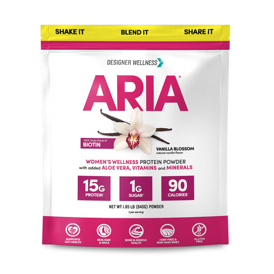 Designer Wellness, Aria, Women's Wellness Low Calorie Vanilla Protein Powder with Biotin, Vitamin C and Organic Aloe, Vanilla Blossom, 1.85 Pound
