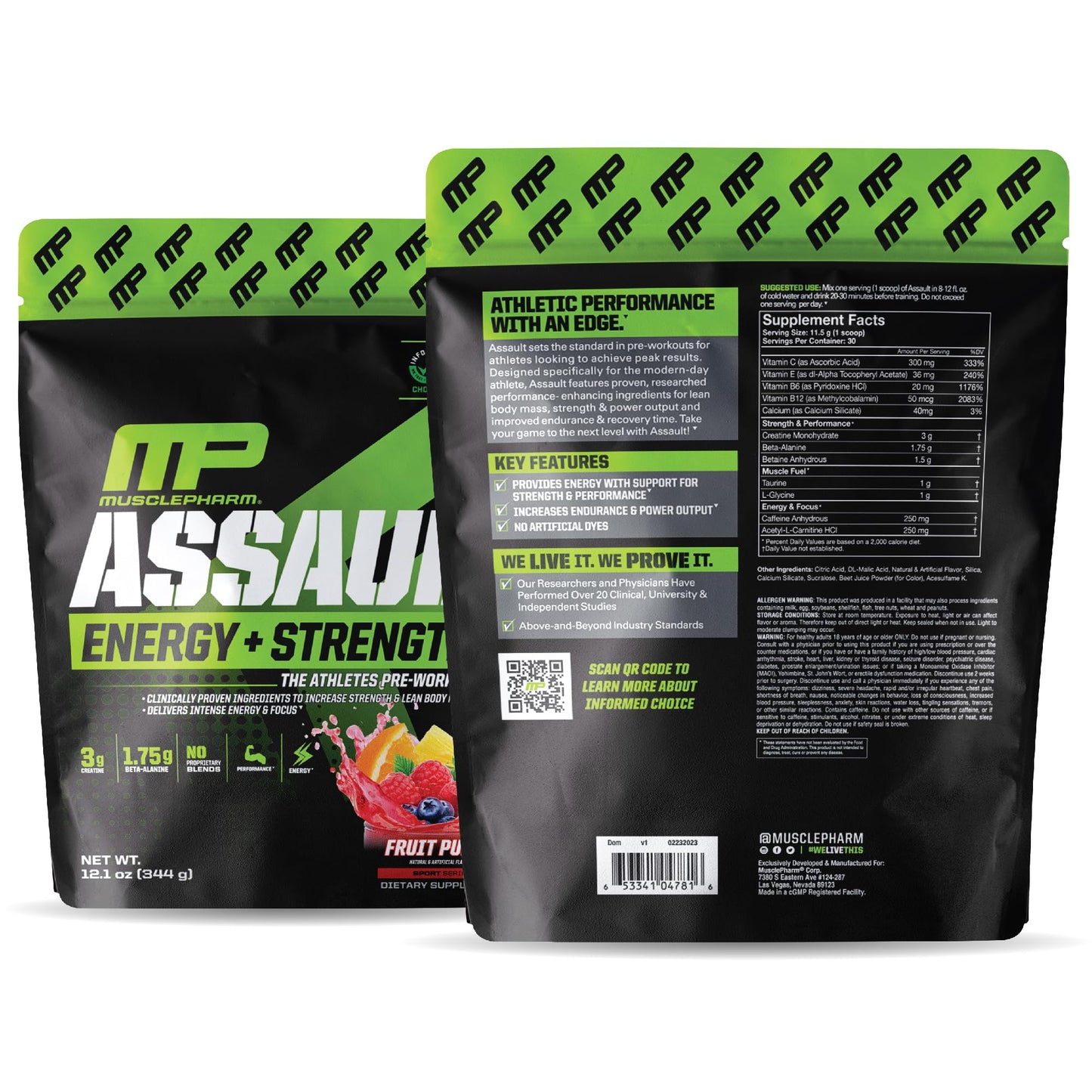 Muscle Pharm Assault Energy & Strength Pre Workout Powder for Men & Women with Beta Alanine, Caffeine, Creatine & Betaine Anhydrous, Pre-Workout Supplements, 30 Servings, Fruit Punch Flavor