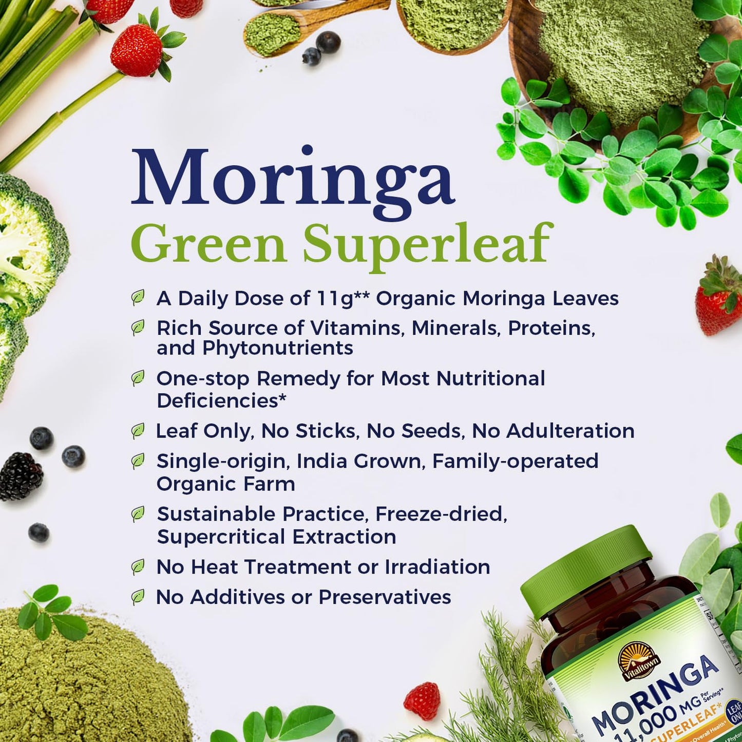 Vitalitown Moringa Capsules 11,000 MG, Pure Moringa Oleifera Leaves, No Sticks, No Caffeine, Energy, Immune, Joint Support, 90 Capsules