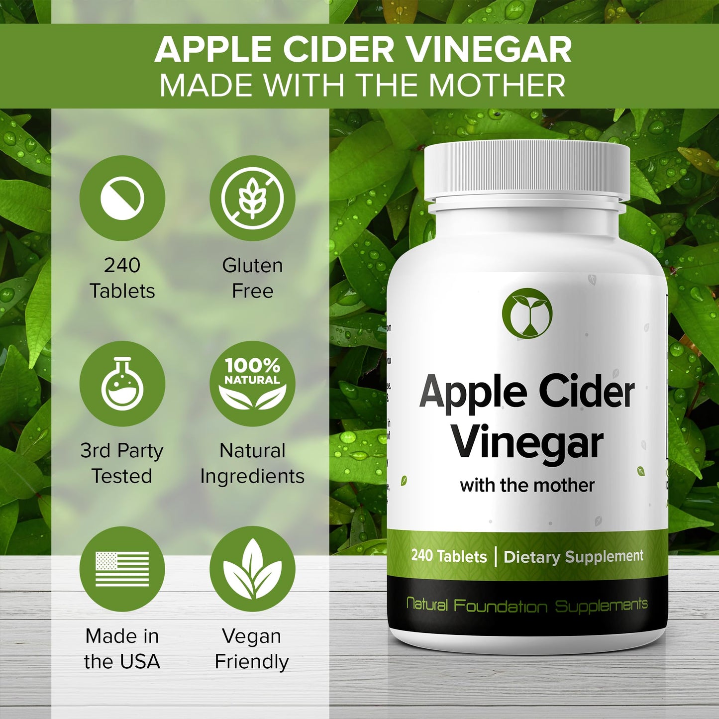 Apple Cider Vinegar Supplement 240 Tablets Made with The Mother Non-GMO Vegan Friendly Gluten Free Made in The USA (240)