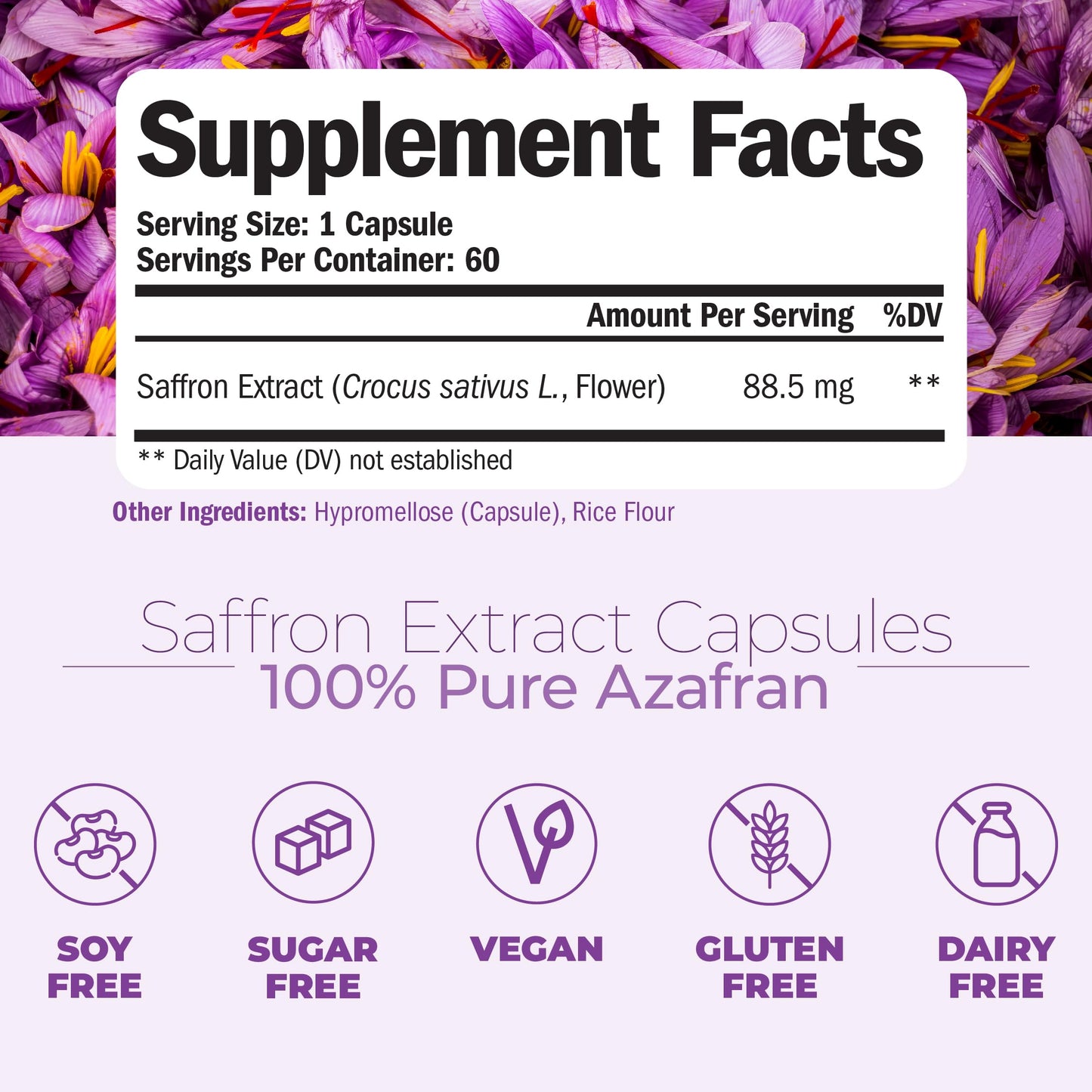 Saffron Supplements for Women & Men. Saffron Extract Capsules to Promote Eye, Heart, Brain & Metabolic Health. 100% Pure Azafran. Alternative to Gummies or Safron Powder. Non-GMO & Vegan. 60 Capsules