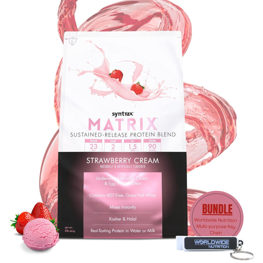 Syntrax Bundle: Matrix Protein Powder 2.0 Sustained-Release Casein Protein and Whey Protein Powder - Instant Mix Strawberry Cream Protein Powder Flavor, 2lbs with Worldwide Nutrition Keychain