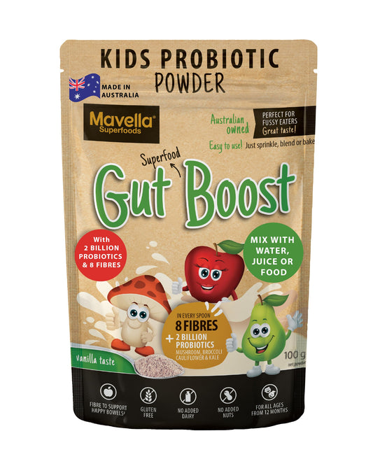 Mavella Kids Probiotic Powder Gut Boost - Daily Digestive & Immune Support with Fiber for Children Toddlers, Vanilla Flavored Fiber Supplement, Easy Mix for Constipation & Gut Health 3.52oz (100g)