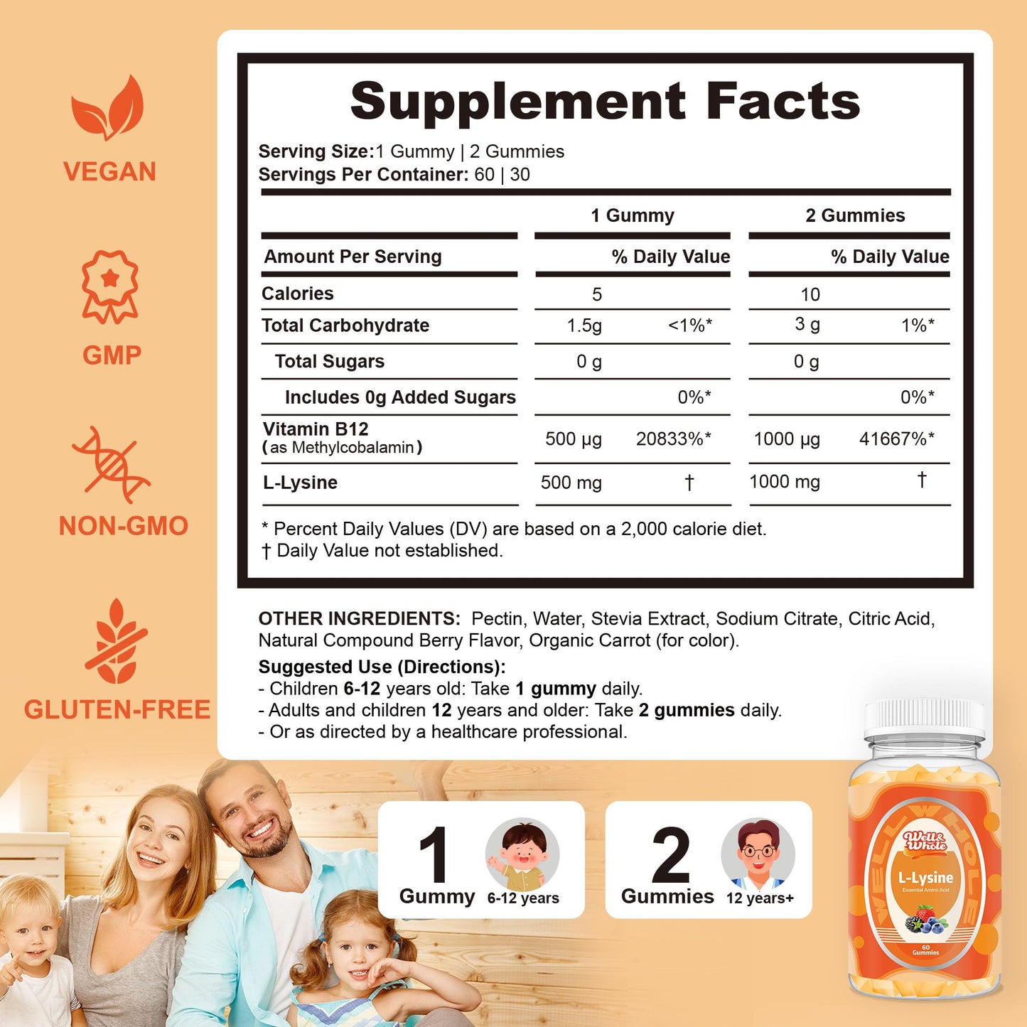 L-Lysine Gummies 1000mg - L-Lysine Supplements for Kids and Adults - Lip and Cold Sore* Support for Women - Chewable Lysine Gummies with Vitamin B12 - Vegan, Non GMO, Gluten-Free, 60 Counts