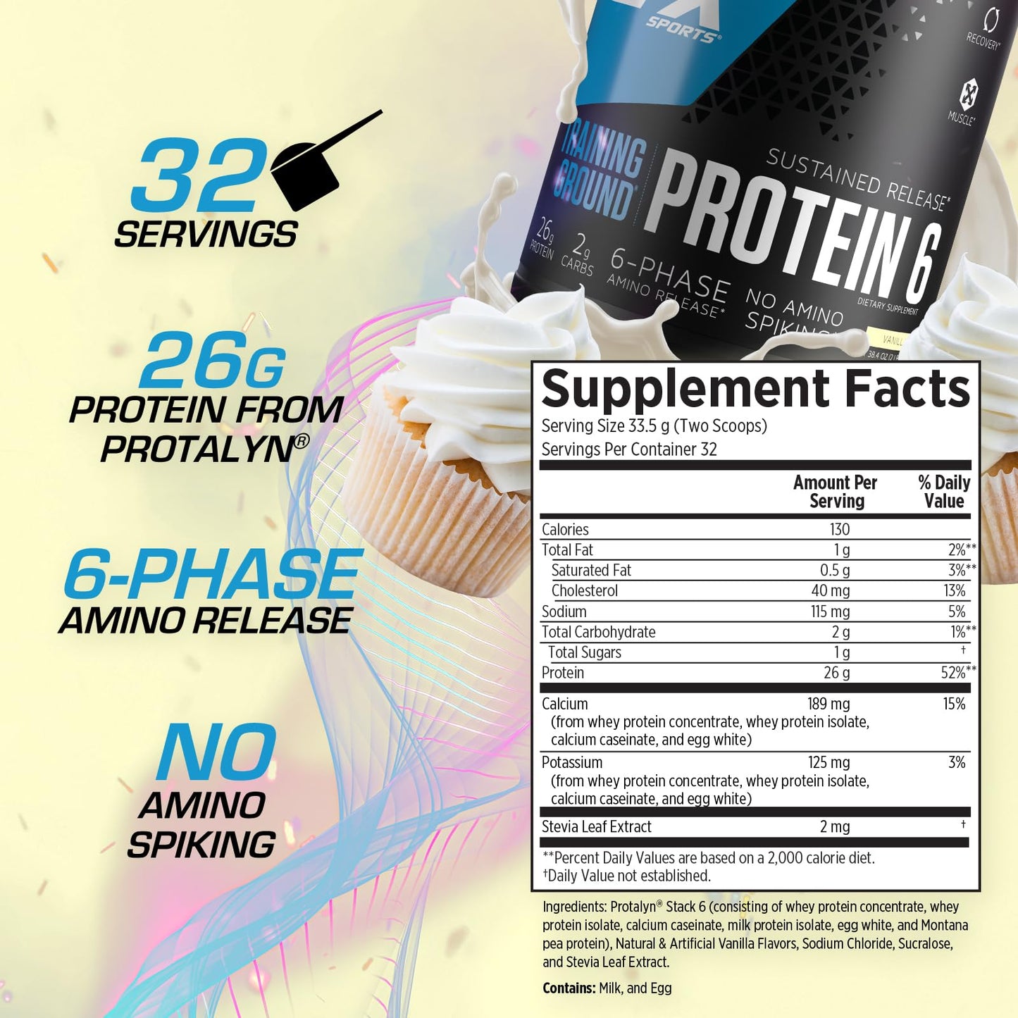 EFX Sports Training Ground Protein 6 | Whey Isolate & Concentrate, Egg White, & Pea Protein | 26g 6-Source Sustained Release Protein | 32 servings (Vanilla)