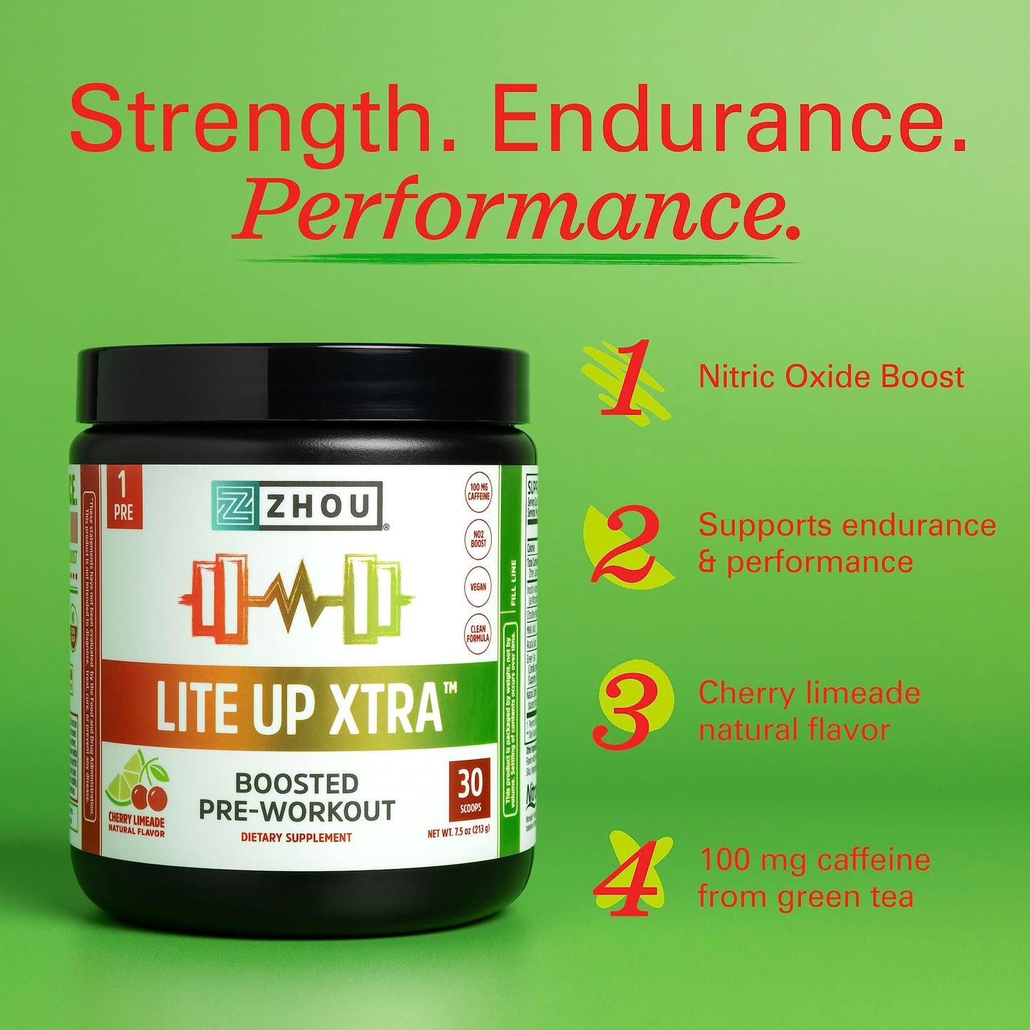 Zhou Nutrition Lite Up Xtra, Vegan Pre Workout Powder with Caffeine, Clean Energy Sourced from Green Tea, Nitric Oxide Booster, Gluten and Sugar Free, Non GMO, Cherry Limeade, 7.5 Oz