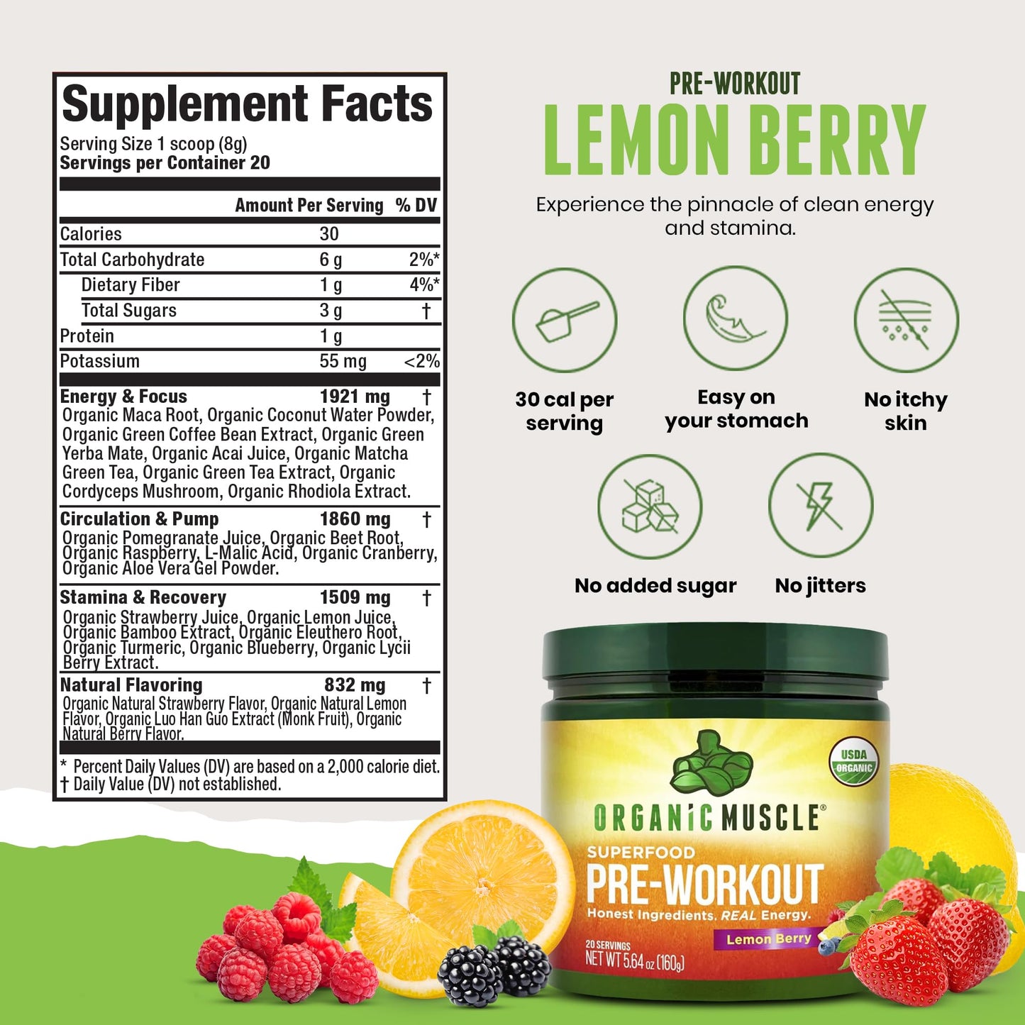 USDA Organic Pre-Workout Powder, Lemon Berry | Clean Energy Without Jitters | Natural Performance Boost | No Artificial Sweeteners | 20 Superfoods | Low Caffeine, 20 Servings
