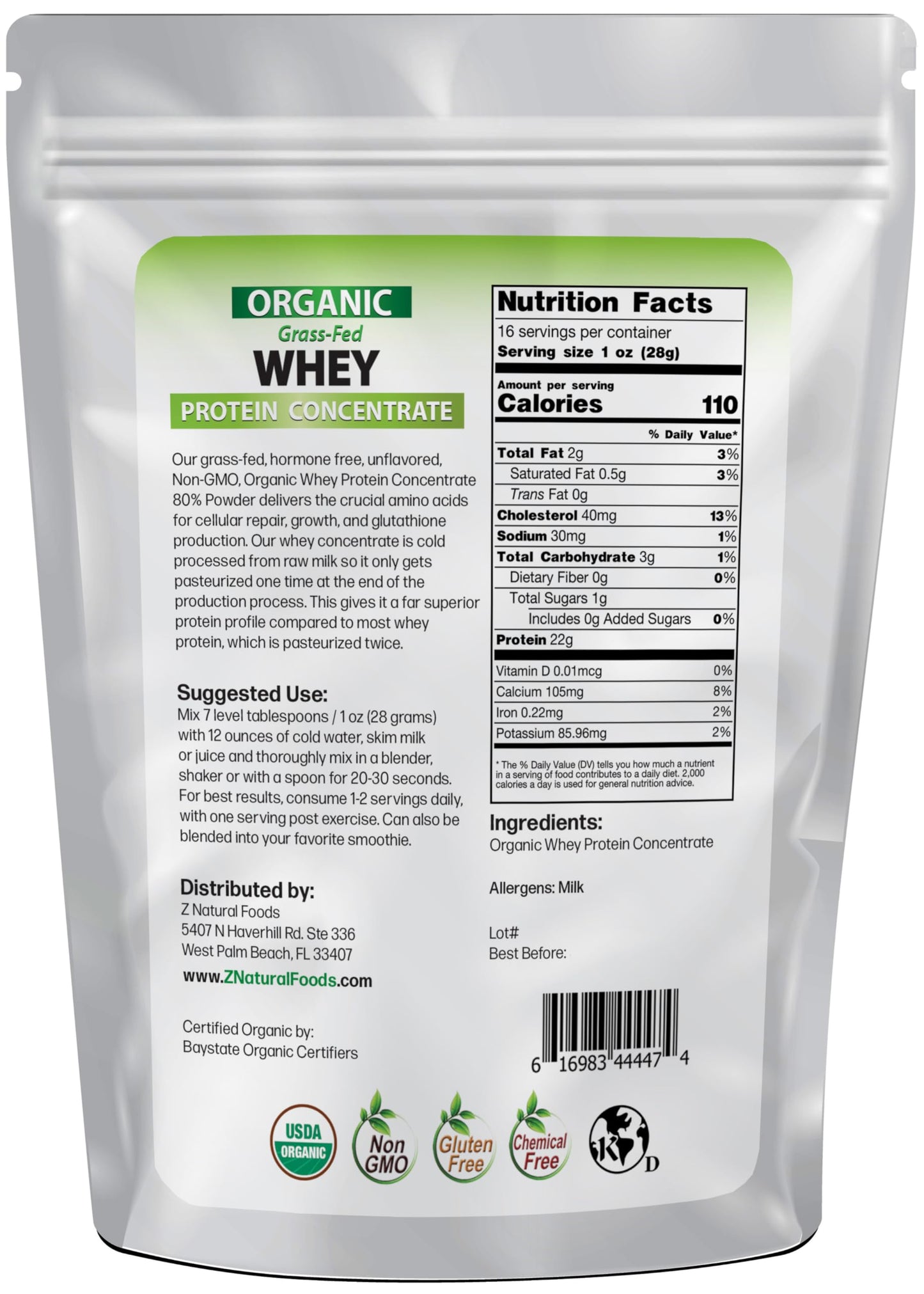 Z Natural Foods Organic Whey Protein Concentrate - Nutrient-Dense Grass Fed Whey Protein Powder - Cold Processed Pure Whey Protein with Essential Amino Acids for Nutrition & Fitness, Unflavored, 1 lb