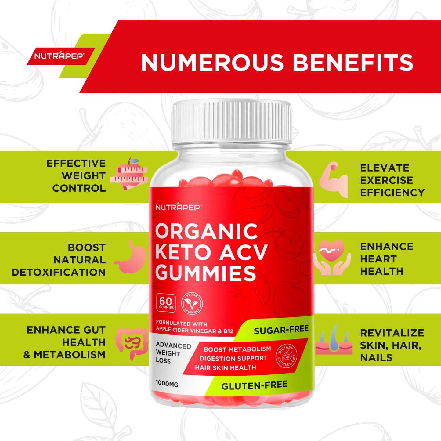 NutraPep Organic Keto ACV Gummies - Gluten-Free & Sugar-Free Apple Cider Vinegar Supplement for Women Men (1000MG)