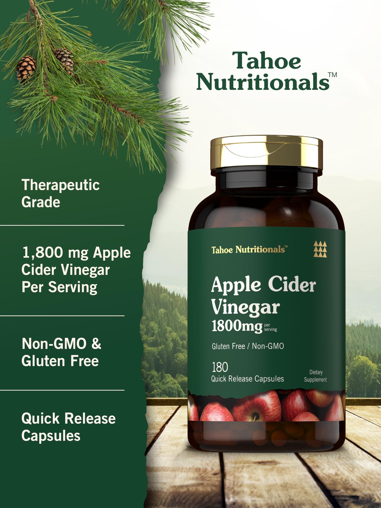 Tahoe Nutritionals Apple Cider Vinegar Capsules | 1800mg | 180 Count | Non-GMO, Gluten-Free Supplement