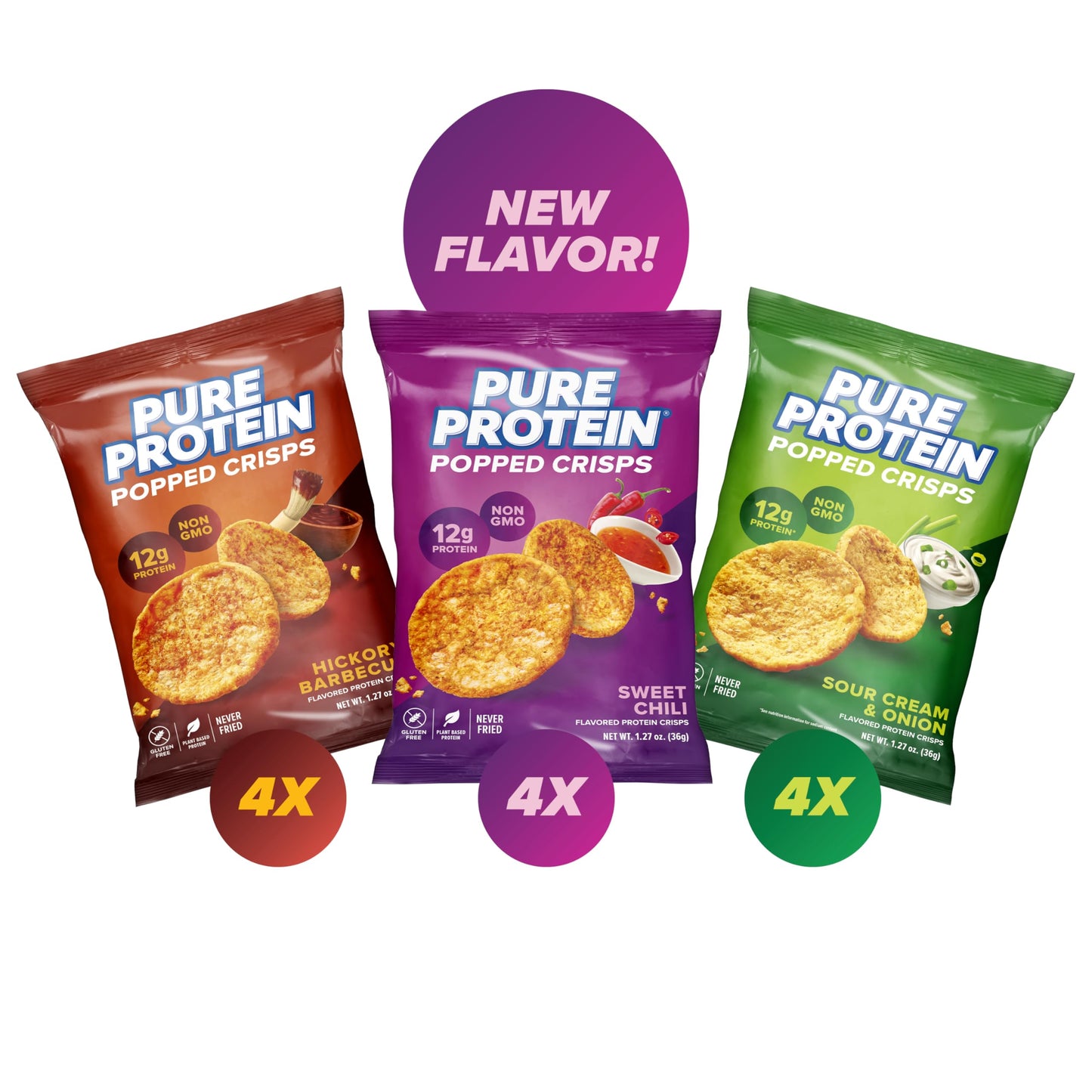Pure Protein Popped Crisps, High Protein Snack, 12G Protein, Variety Pack: Hickory Barbecue, Sour Cream & Onion, Sweet Chili, 12 Count