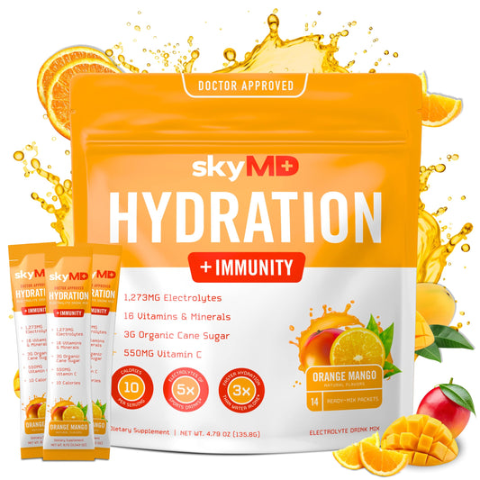 SkyMD Hydration + Immunity Powder Packets with Electrolytes | Hydration Multiplier, Immune Booster with Vitamins, Minerals | Low Sugar & Calories, Mix in Water | 14 Single-Serving Sticks, Orange Mango