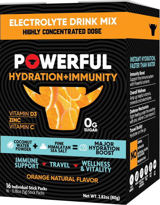 Powerful Nutrition Hydration Plus Immunity, Orange, 16 Count, 0g of Sugar, Electrolyte Powder Drink to Support Immunity and Wellness with Zinc, Vitamin C and D