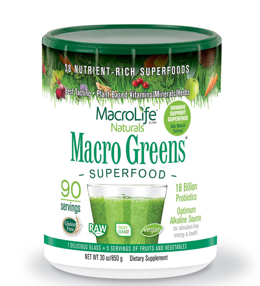 MacroLife Naturals Macro Greens Powder 38 Superfood Probiotic Antioxidant Enzyme & Herbal Supplement Immunity Energy Cleanse - Non-GMO Vegan Gluten-Free Dairy-Free - 30oz (90 Servings)