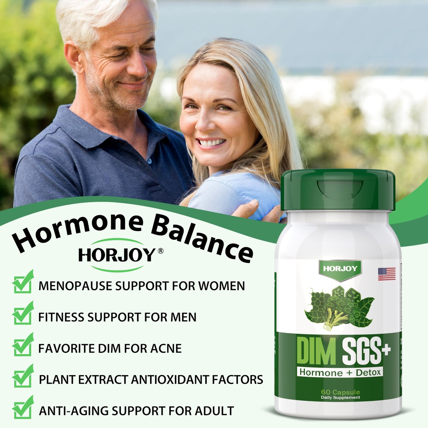 HORJOY DIM SGS + - Hormone + Detox.Encourages Hormone Balance, Hormonal Acne Supplements,Helps Control Appetite,Promotes Detoxification(60 Capsules)