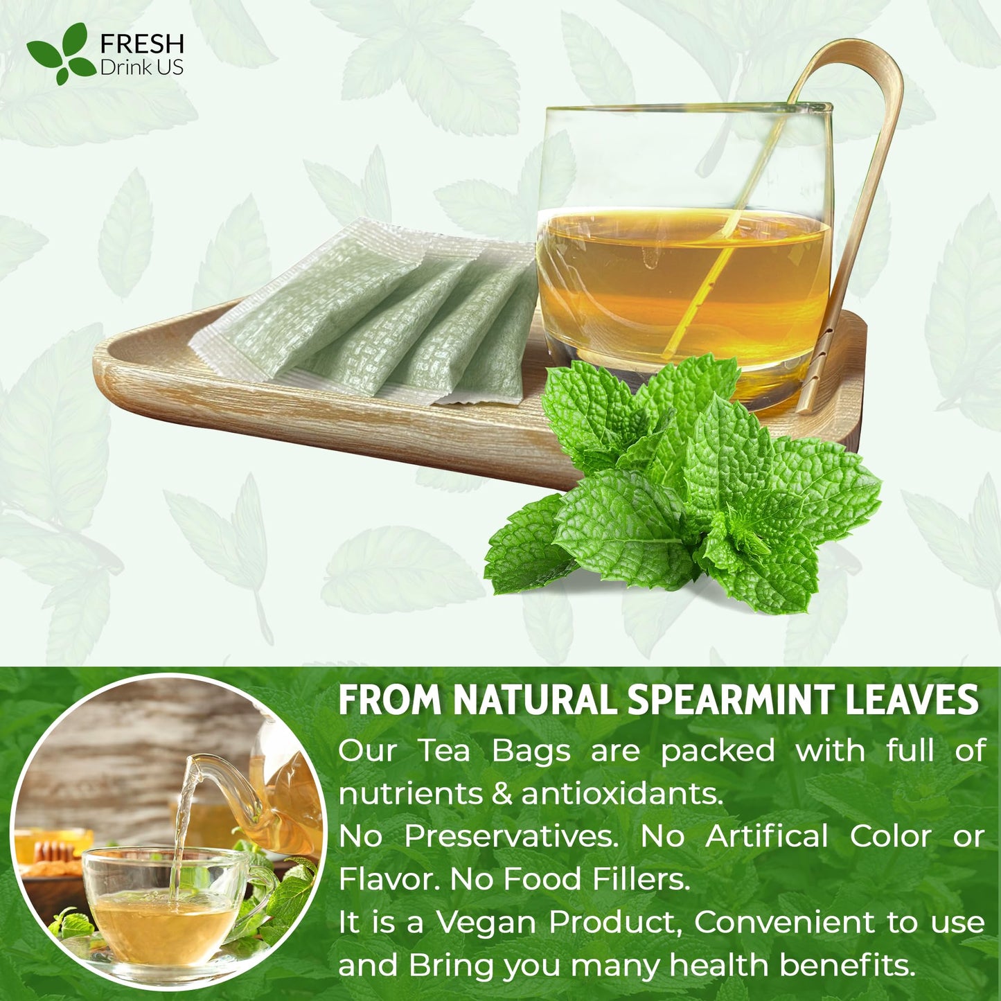 FreshDrinkUS Premium 45 Spearmint Tea Bags 100 Natural Spearmint Leaves Loose Leaf Spearmint Herbal Tea Spearmint Leaf Tea No Sugar No Caffeine No Gluten Vegan