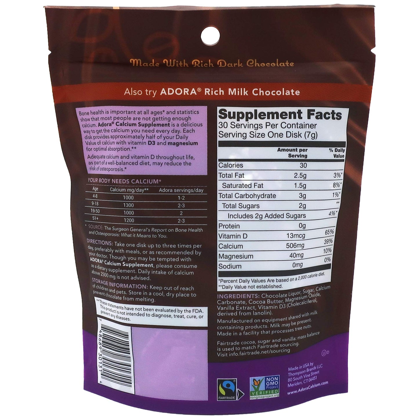 Adora Calcium Supplement, Fairtrade Dark Chocolate, Single Pack - 30 ct