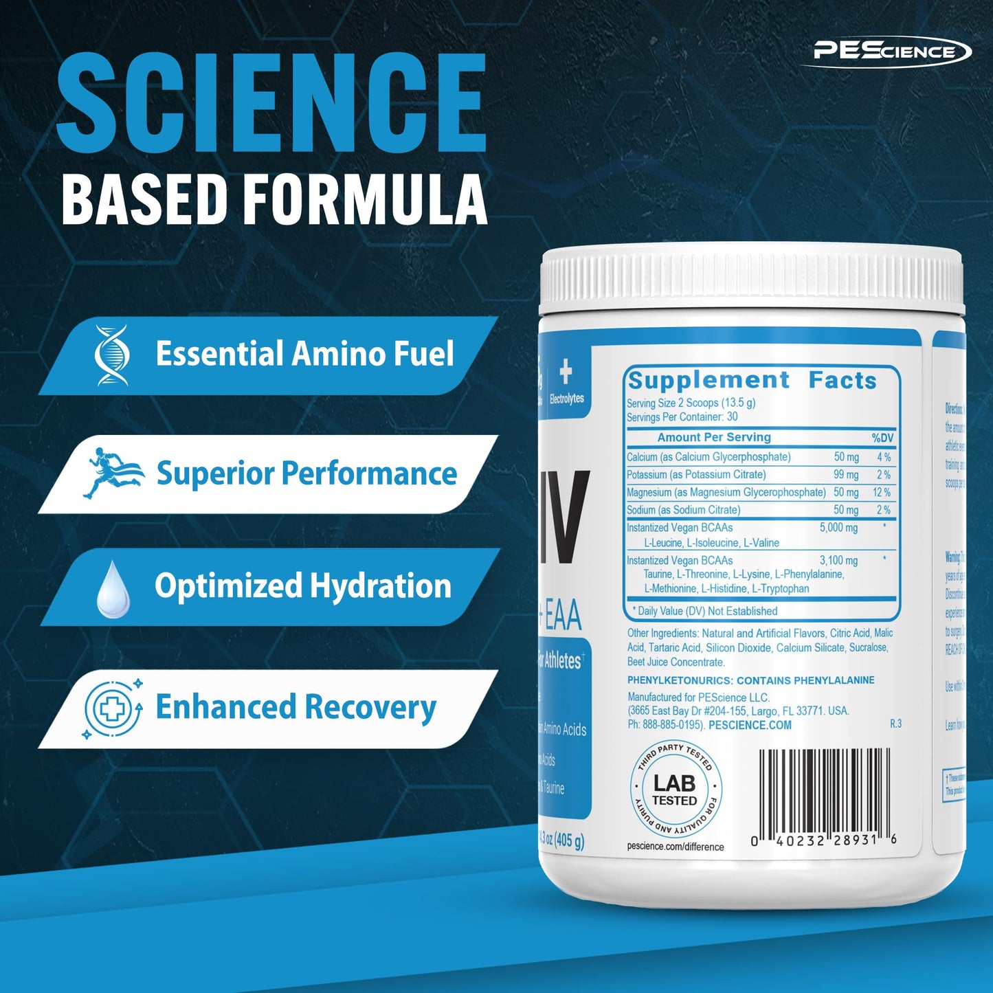 PEScience Amino IV BCAA & EAA Powder, Black Cherry, 60 Scoop, Essential Amino Acids, Taurine, Electrolytes for Hydration and Muscle Recovery, Sugar Free for Men & Women, Post Workout