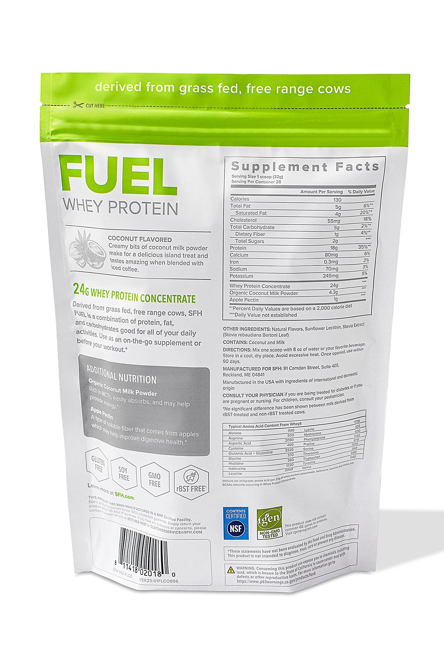 SFH Fuel Whey Protein Powder Great Tasting Grass Fed Whey | MCTs & Fiber for Energy | All Natural | Soy Free, Gluten Free, No RBST, No Artificial Flavors (Coconut (2lb Bag))