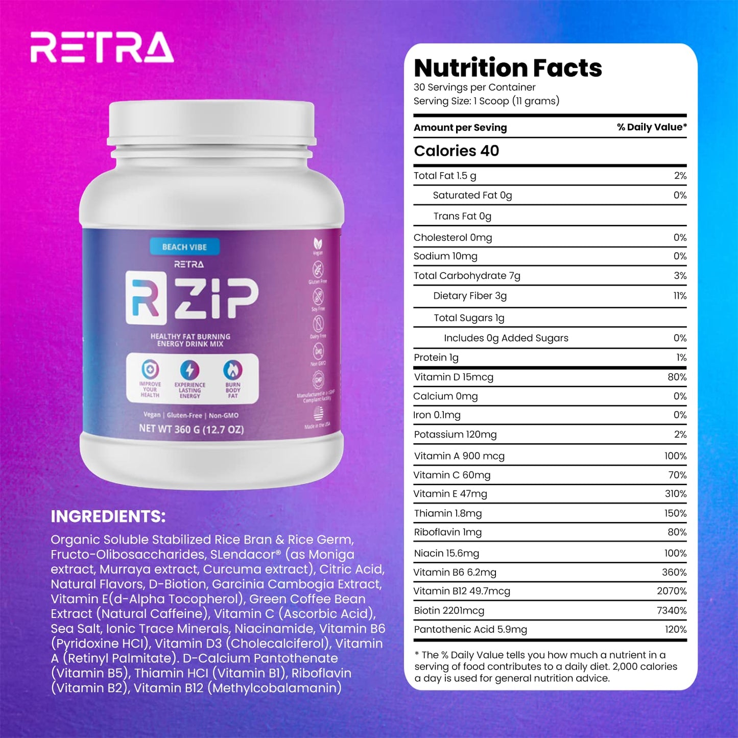 RETRA Detox Cleanse Zip Canister - Vegan and Gluten Free Energy Drink Mix to Support an Already Healthy Immune System to Improve Gut Health and Mood - Beach Vibe Flavor - 12.7 Ounce