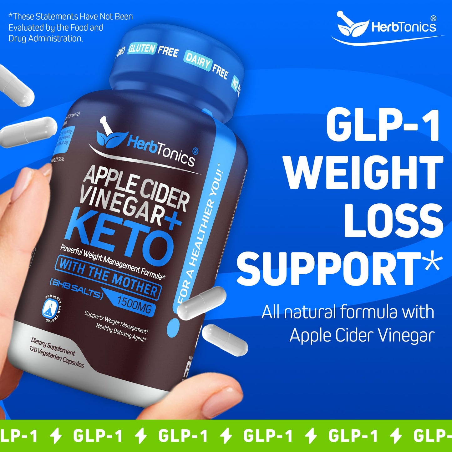 Herbtonics GLP-1 Weight Loss Supplement - Appetite Suppressant Apple Cider Vinegar Capsules - Weight Loss Pills for Women & Men - Fat Burner & Metabolism Support | 120 Keto ACV Capsules